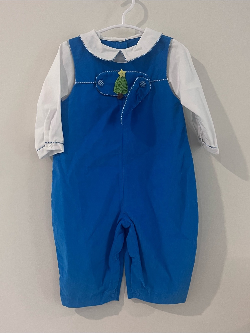 Petit Ami Blue One-Piece Romper with Tree Tab Christmas 9m nwot